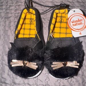 wonder nation Black Fuzzy Cat Slip-On Shoes with Yellow Plaid Lining